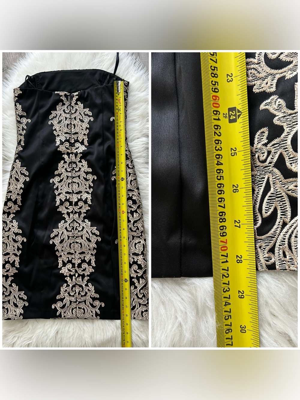 NWT Le Chateau Size S Strapless Cocktail Dress Black Satin Cream Embroidery - Picture 16 of 16